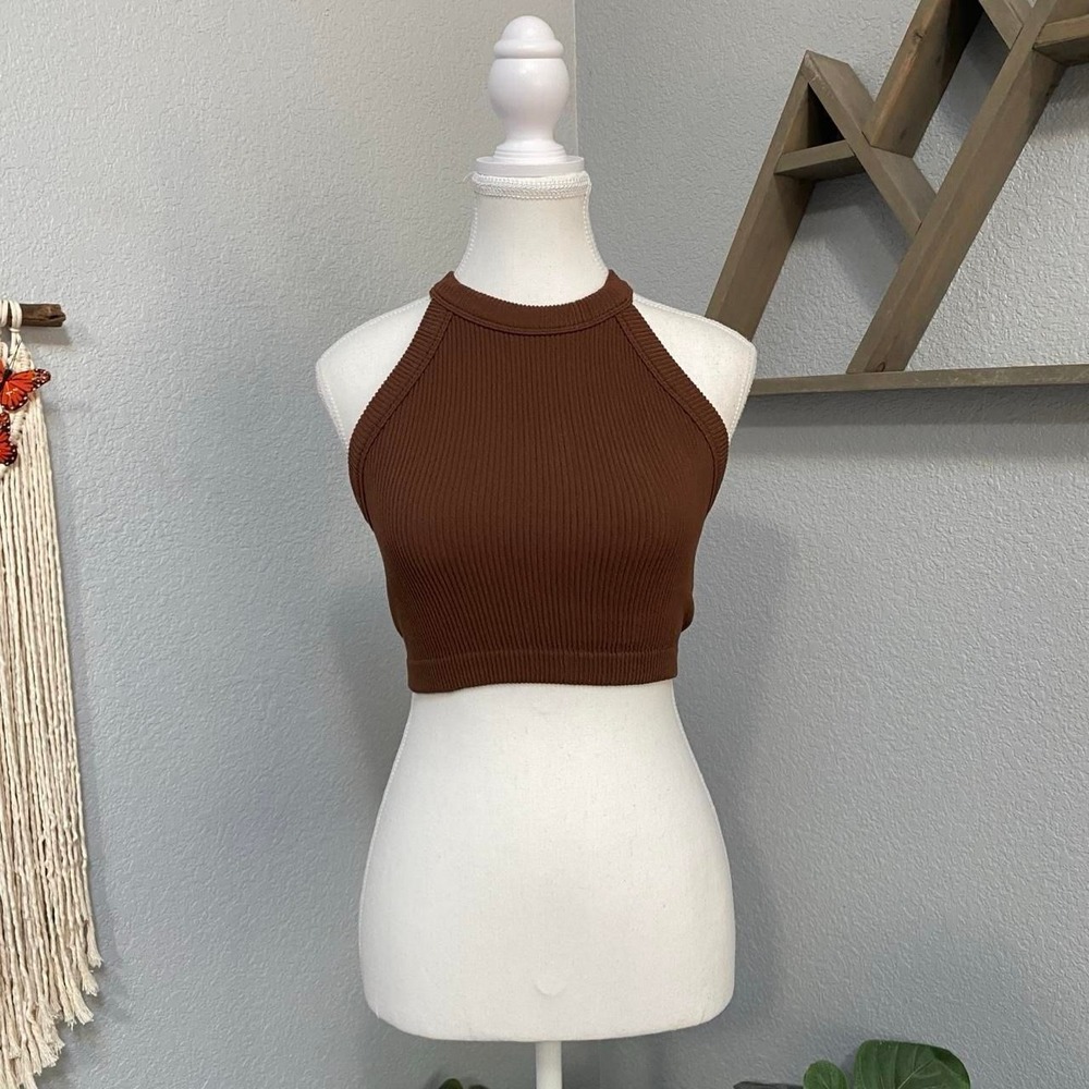 AERIE BROWN RIBBED KNIT HALTER CROP TOP GYM ACTIVEWEAR LOUNGE GRUNGE ALT